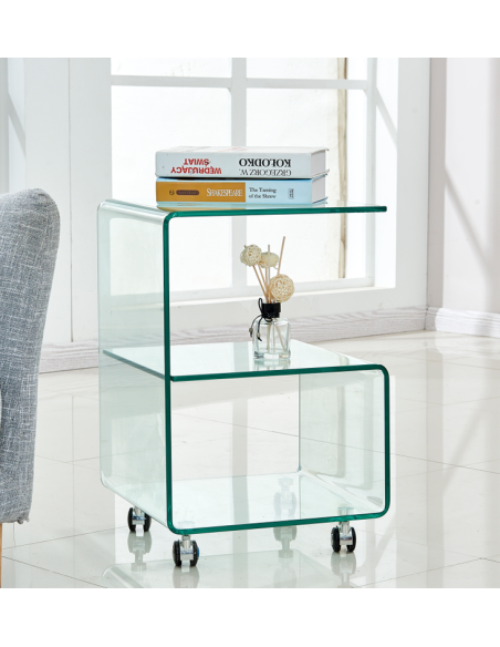 Mesa ABIGAIL, ruedas, cristal transparente, 40 x 40 cms