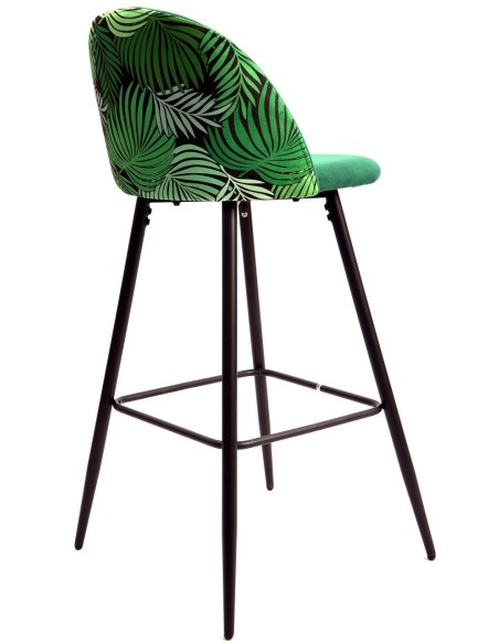 Taburete FLORAL, metal, tapizado velvet verde con trasera floral a juego
