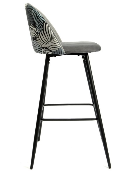 Taburete FLORAL, metal, tapizado velvet gris con trasera floral a juego