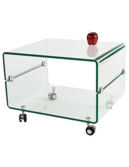 Mesa MELBOURNE, cristal curvado, ruedas, 60x40 cms
