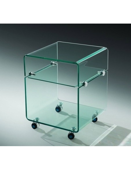 Mesa ARMSTRONG, baja, ruedas, cristal curvado, 40 x 40 cms