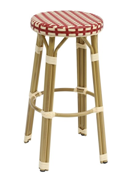 Taburete GARNIER, apilable, aluminio, ratán beige y rojo