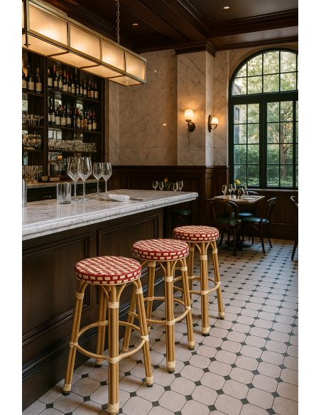 Taburete GARNIER, apilable, aluminio, ratán beige y rojo