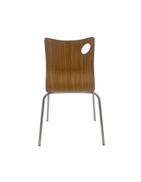 Silla AMELIE, apilable, acero inoxidable, asiento laminado HPL, color nogal