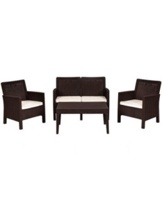 Set ADRIÁTICO, 2 Sillones + Sofá 2 plazas + mesa, polipropileno chocolate, cojines incluidos