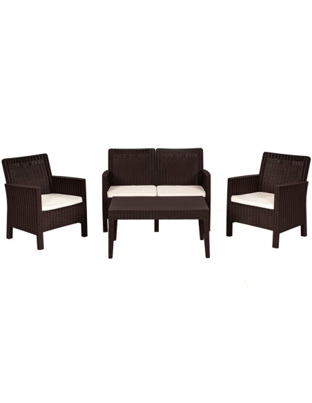 Set ADRIÁTICO, 2 Sillones + Sofá 2 plazas + mesa, polipropileno chocolate, cojines incluidos
