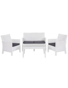 Set ADRIÁTICO, 2 Sillones + Sofá 2 plazas + mesa, polipropileno blanco, cojines incluidos