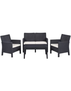 Set ADRIÁTICO, 2 Sillones + Sofá 2 plazas + mesa, polipropileno antracita, cojines incluidos