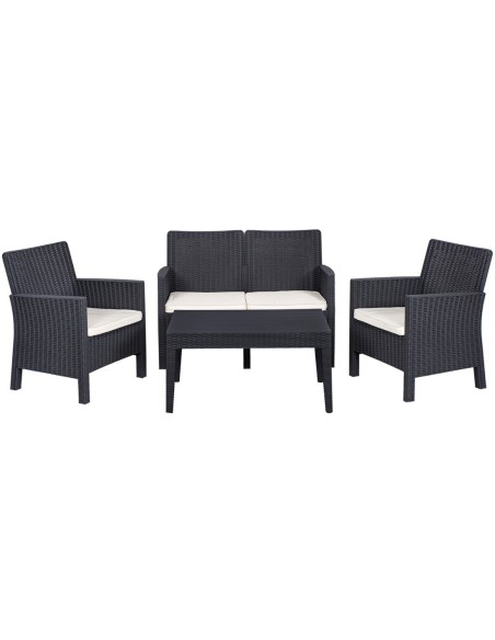 Set ADRIÁTICO, 2 Sillones + Sofá 2 plazas + mesa, polipropileno antracita, cojines incluidos