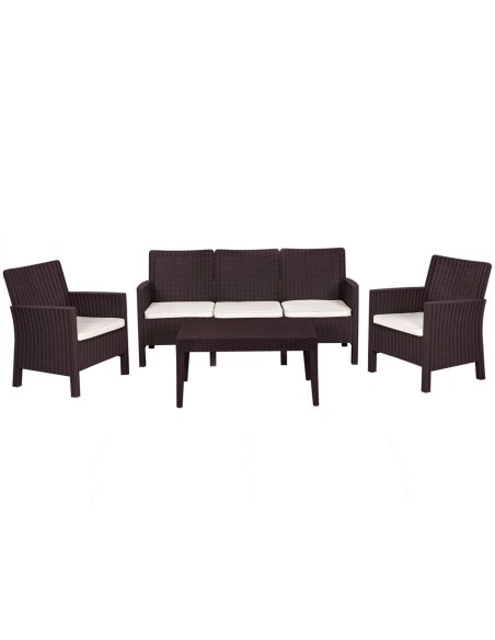 Set ADRIÁTICO, 2 Sillones + Sofá 3 plazas + mesa, polipropileno chocolate, cojines incluidos