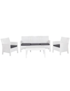 Set ADRIÁTICO, 2 Sillones + Sofá 3 plazas + mesa, polipropileno blanco, cojines incluidos