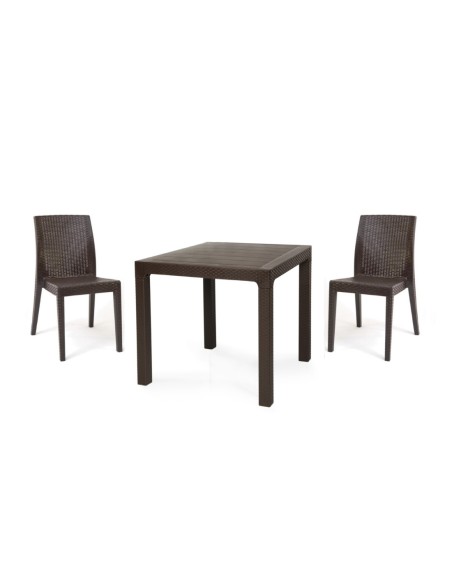 Mesa TROPICAL, ratán, polipropileno marrón chocolate, 80 x 80 cms