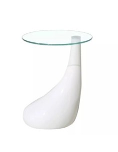 Mesa PEAR, baja, blanca, cristal, 50 cms de diámetro