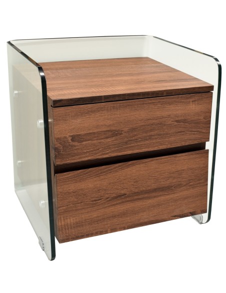 Mesa SEBAS, baja, cristal curvado, dos cajones, 50 x 43 cms