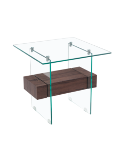 Mesa SUIZA, baja, madera, cristal, 55 x 55 cms