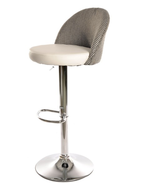 Taburete ETNA, regulable, cromado, tapizado pata de gallo y similpiel blanca