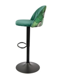 Taburete FLOWER, regulable, metal negro, tapizado velvet verde con trasera floral a juego