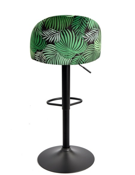 Taburete FLOWER, regulable, metal negro, tapizado velvet verde con trasera floral a juego