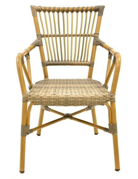 Sillón PAROS, apilable, aluminio, ratán marrón y gris