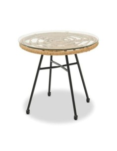 Mesa DEWA, baja, metal, ratán, cristal, 45 cms de diámetro
