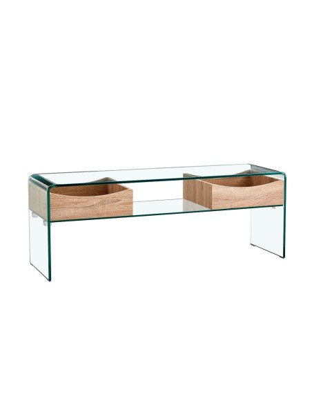 Mesa TV LIBRA, cajones, cristal curvado, 120 x 35 cms