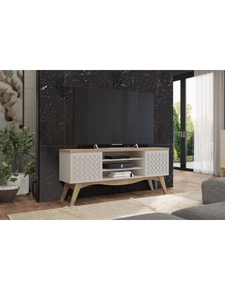 Mueble TV LIZ, blanco roto y cedro, 160 cms.