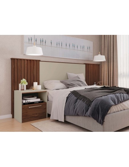 Cabecero LUCIUS, extensible, 2 mesillas de noche, MDP habana y blanco roto