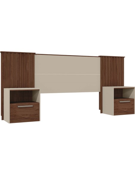 Cabecero LUCIUS, extensible, 2 mesillas de noche, MDP habana y blanco roto