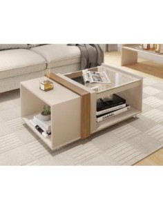 Mesa FRANCIA, baja, cristal, MDP blanco roto y miel, 90,5 x 54 cms 2