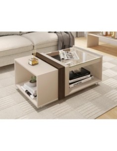 Mesa FRANCIA, baja, cristal, MDP blanco roto y nogal, 90,5 x 54 cms 2