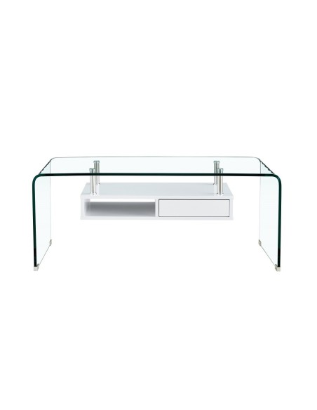 Mesa NEWARK, baja, estante blanco, cristal curvado, 110 x 60 cms