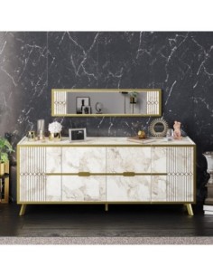 Aparador ELOISE, biIaminado mármol blanco con detalles dorados, 180 cms.