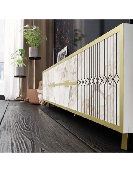 Aparador ELOISE, biIaminado mármol blanco con detalles dorados, 180 cms.