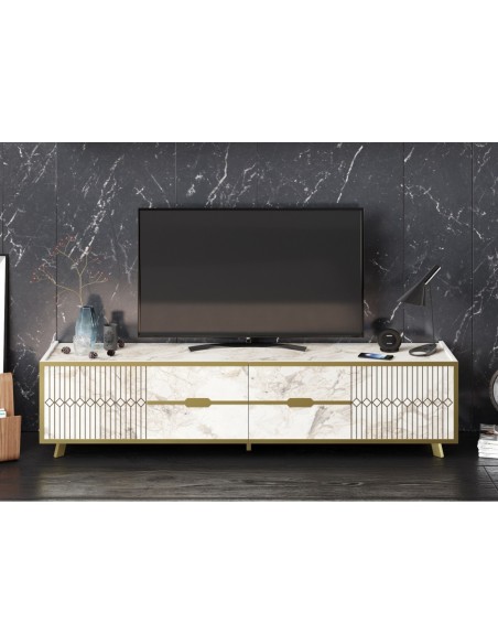 Mueble de TV ELOISE, biIaminado mármol blanco con detalles dorados, 180 cms.