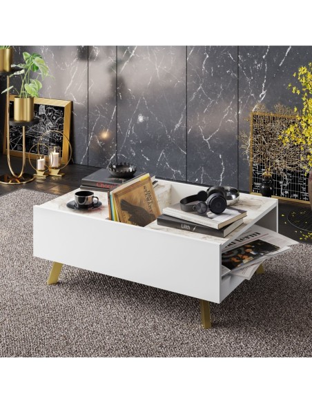 Mesa baja ELOISE, biIaminado mármol blanco, 89,5 cms.