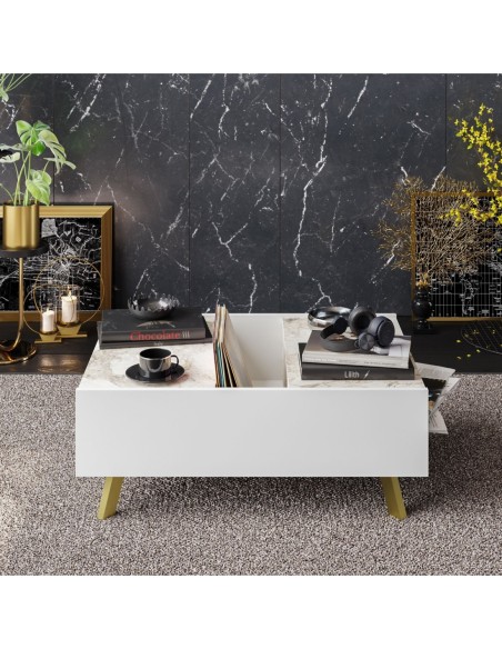 Mesa baja ELOISE, biIaminado mármol blanco, 89,5 cms.