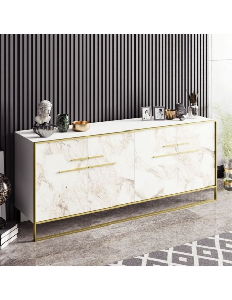 Aparador SIENA, biIaminado mármol blanco con metal dorado, 180 cms.