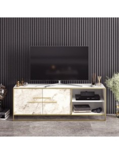 Mueble de TV SIENA, biIaminado mármol blanco con metal dorado, 160 cms. 2