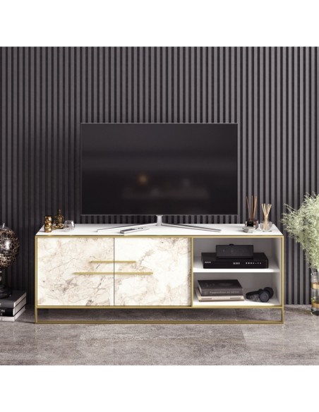 Mueble de TV SIENA, biIaminado mármol blanco con metal dorado, 160 cms.