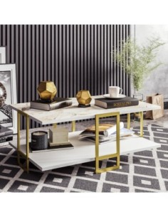 Mesa baja SIENA, biIaminado mármol blanco, con metal dorado 91,5 cms.