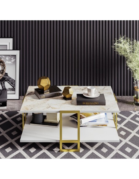 Mesa baja SIENA, biIaminado mármol blanco, con metal dorado 91,5 cms.