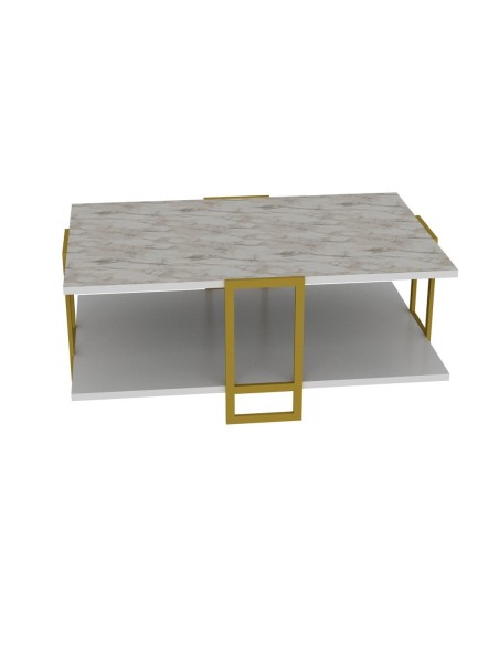 Mesa baja SIENA, biIaminado mármol blanco, con metal dorado 91,5 cms.