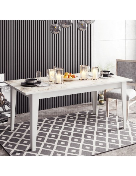 Mesa de comedor SIENA, biIaminado mármol blanco, 180 x 90 cms.