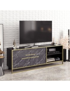 Mueble de TV SIENA, biIaminado mármol negro con metal dorado, 160 cms.
