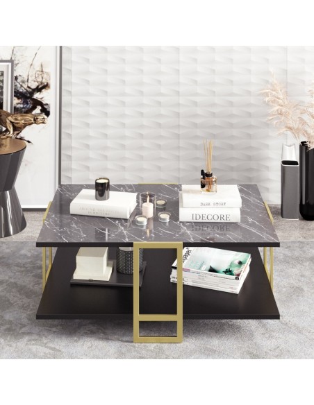 Mesa baja SIENA, biIaminado mármol negro, con metal dorado 91,5 cms.