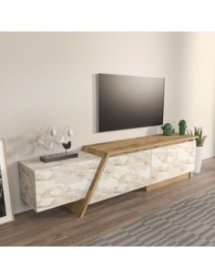 Mueble de TV PRUDENCE, biIaminado mármol blanco con roble, 180 cms.