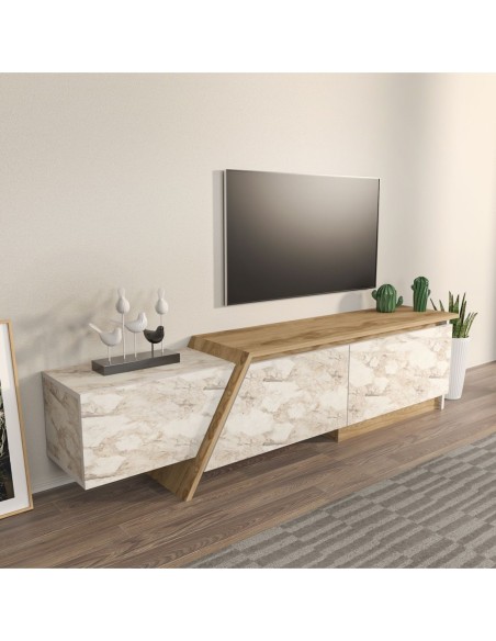 Mueble de TV PRUDENCE, biIaminado mármol blanco con roble, 180 cms.