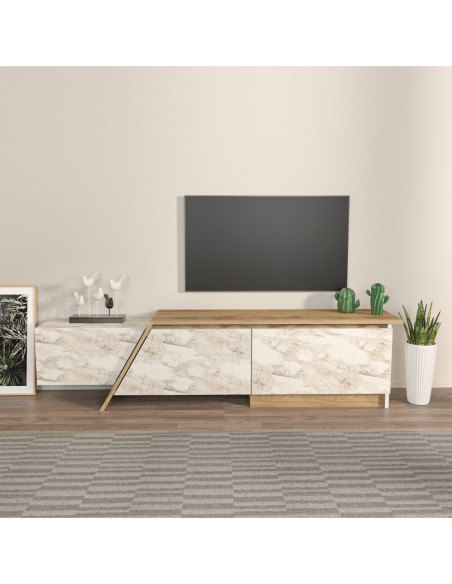 Mueble de TV PRUDENCE, biIaminado mármol blanco con roble, 180 cms.