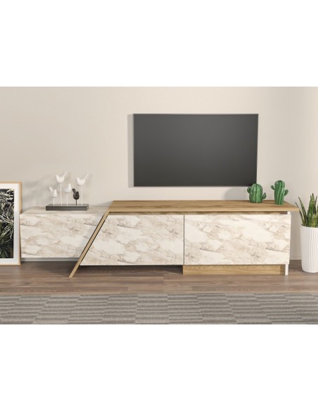 Mueble de TV PRUDENCE, biIaminado mármol blanco con roble, 180 cms.
