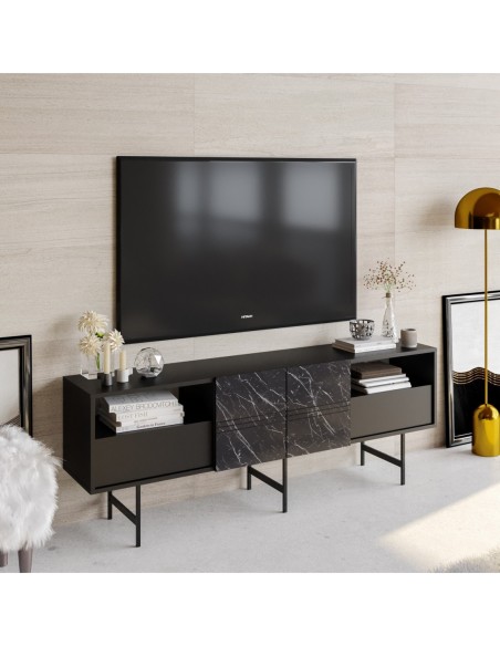 Mueble de TV SIMON, biIaminado mármol negro, 180 cms.